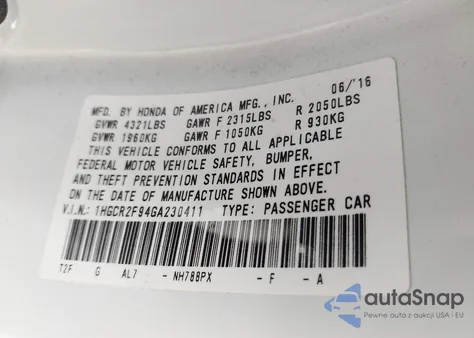 2016 Honda Accord Ex-L из США, поврежденный, VIN 1HGCR2F94GA230411